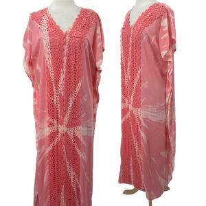 Z&L Maxi Cover Up Tie Dye Patterned Eyelet Embroidered V Neckline Pink Womens OS